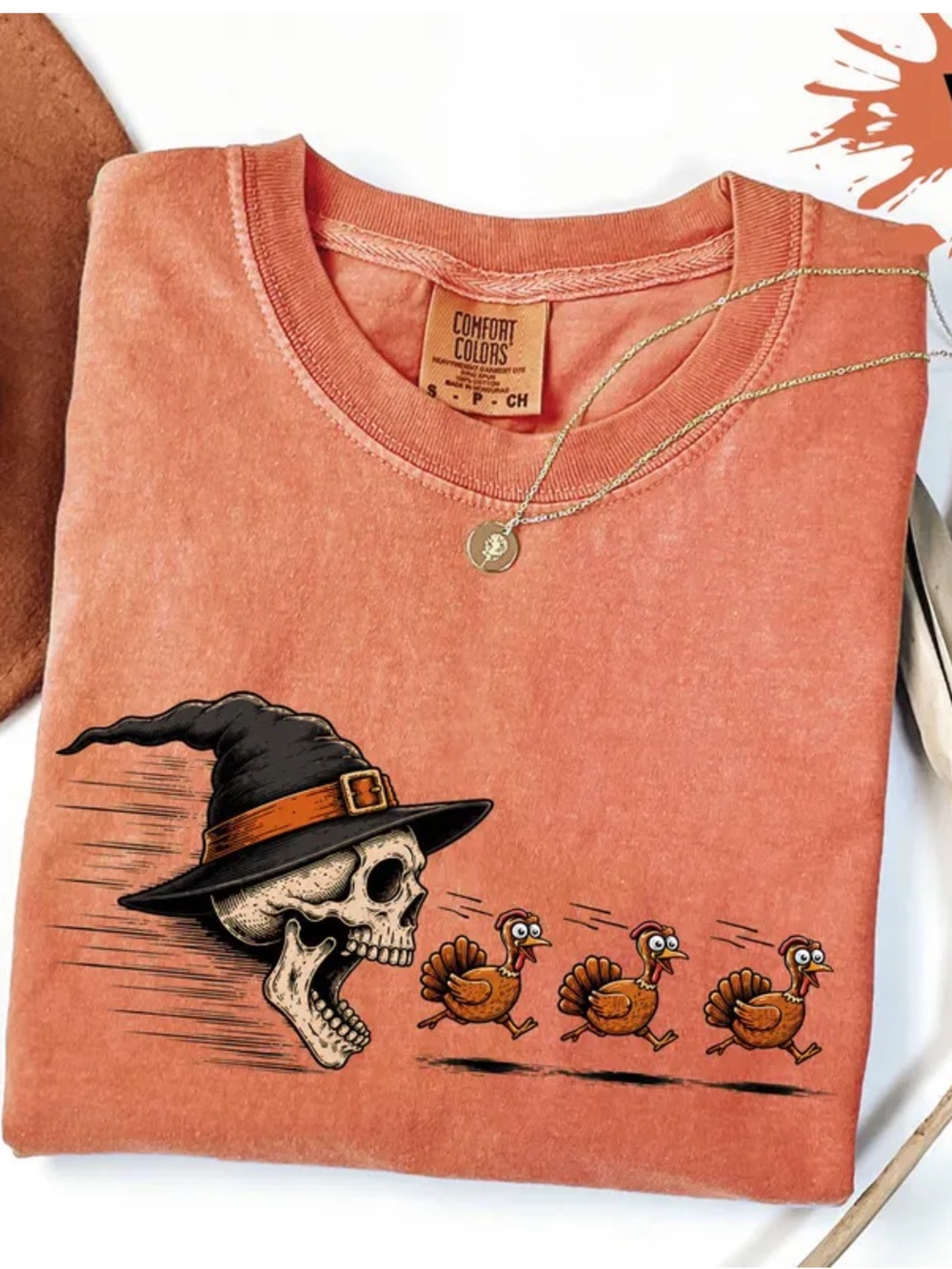 Comfort Colors Yam Halloween Skull & Turkeys Graphic Short Sleeve Tee